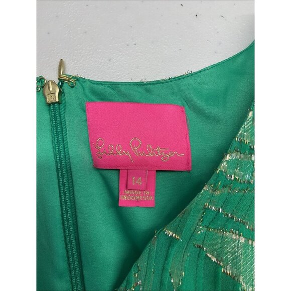 Lilly Pulitzer Green Gold Metallic Silk Long‎ Sleeve Swing Dress Size 14 Festive - Picture 6 of 14